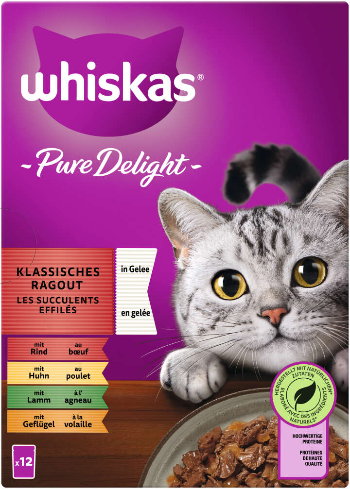 whiskas Katzen-Nassfutter PURE DELIGHT Portionsbeutel Multipack Klassisches Ragout in Gelee 12 x 85g